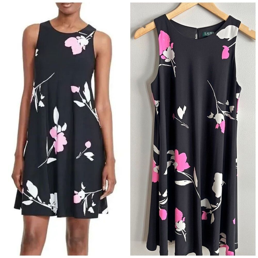 Lauren Ralph Lauren Black Floral Sleeveless Shift Dress Pink White Size 8